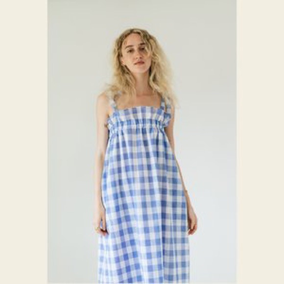 Stunning A Bronze Age Clementine Muumuu Sky Big Gingham Blue White Dress - Picture 2 of 6